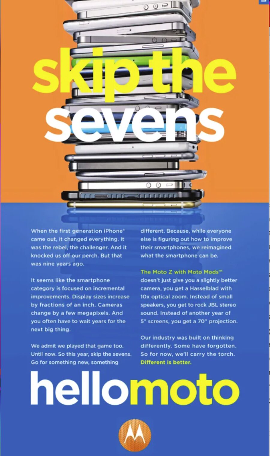 The Skip the Sevens print ad: hellomoto