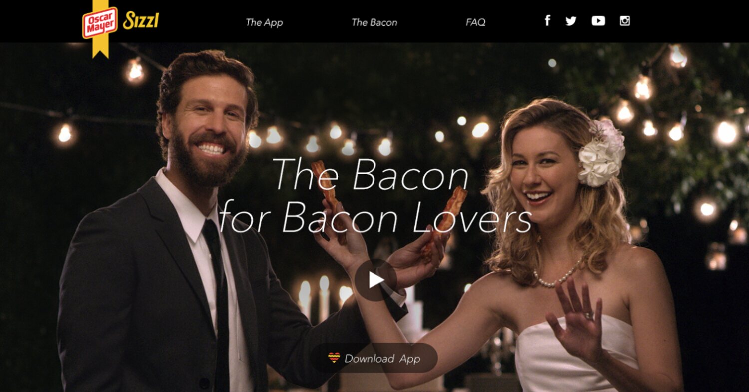 The Sizzl campaign site: The Bacon for Bacon Lovers, with a wedding couple holding bacon