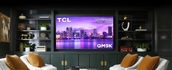 TCL QM9K in a dark modern built-in