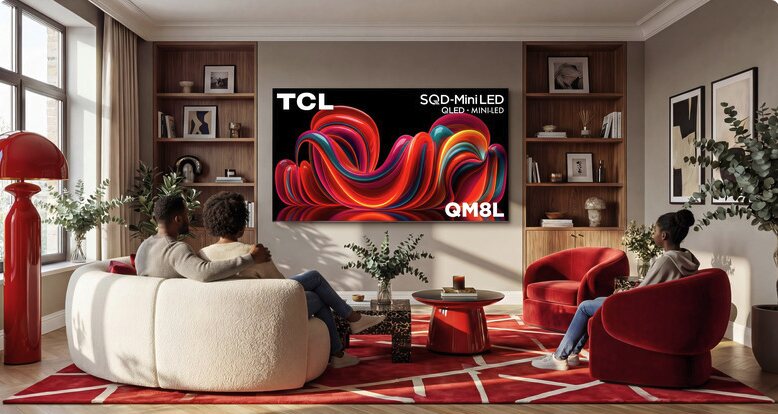 The TCL QM8L at the center of a designed living room